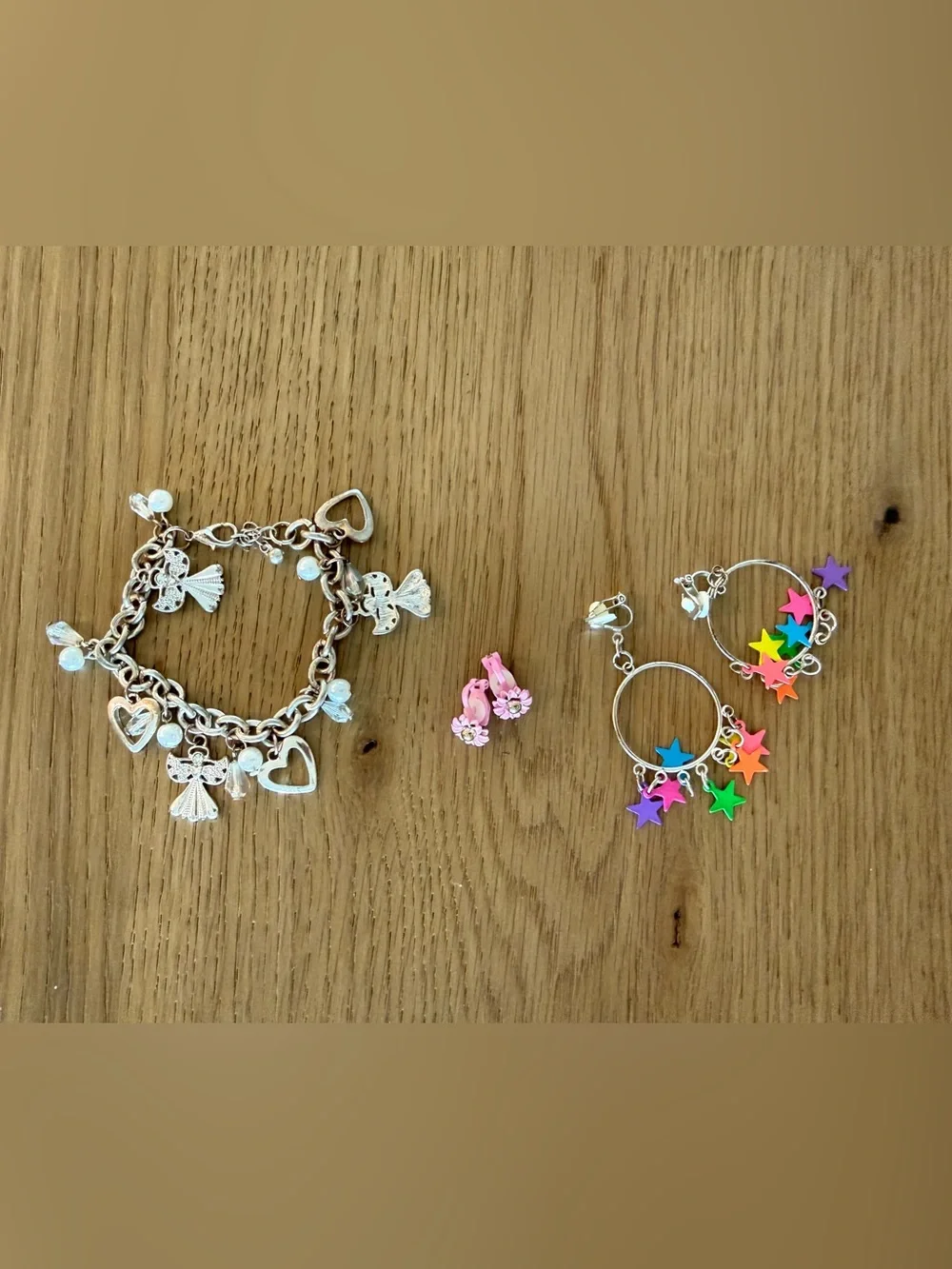 Claire's Pink Flower Clip-On Studs and Multicolor Star Hoop Earrings Set